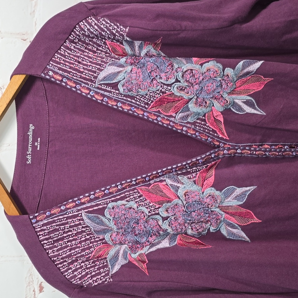 Soft Surroundings Dark Berry Playa Embroidered Jacket Open Beaded Womens 2X NWT - Picture 2 of 14